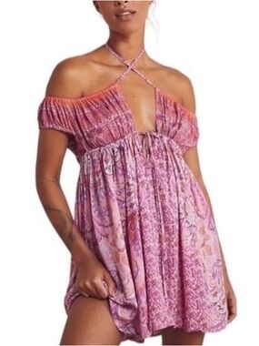 Free People Bali Mariposa Off-the-shoulder Pink Paisley Slip Dress S